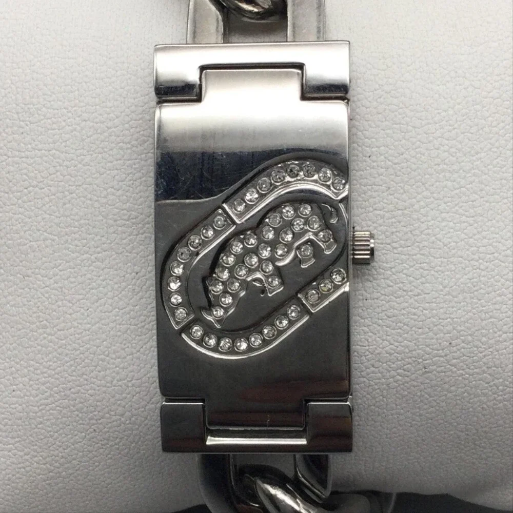 Marc Ecko Flip Up Womens Watch 19mm Rhinestone Logo Chain Band New Battery 8.75